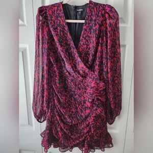 Express Satin Faux Wrap V Neck Ruched Ruffle Mini Dress Size Medium